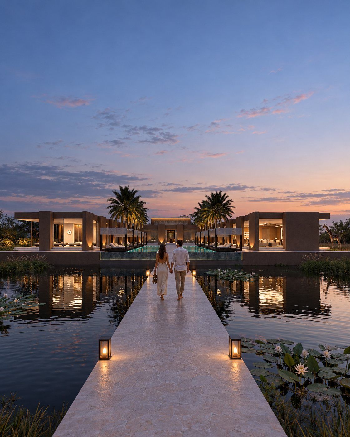 A couple walking barefoot along the lantern-lit walkway towards the pools at dusk, a giraffe beyond (artist's impression)