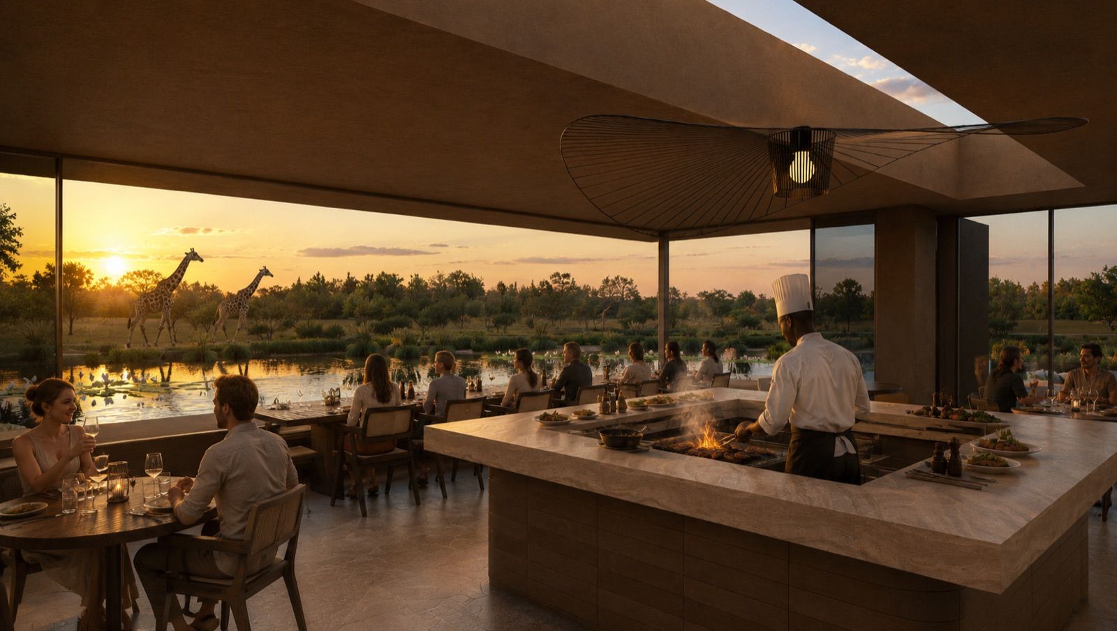 Dinner at the fire counter at Emberline, giraffes crossing the water at sunset (artist's impression)