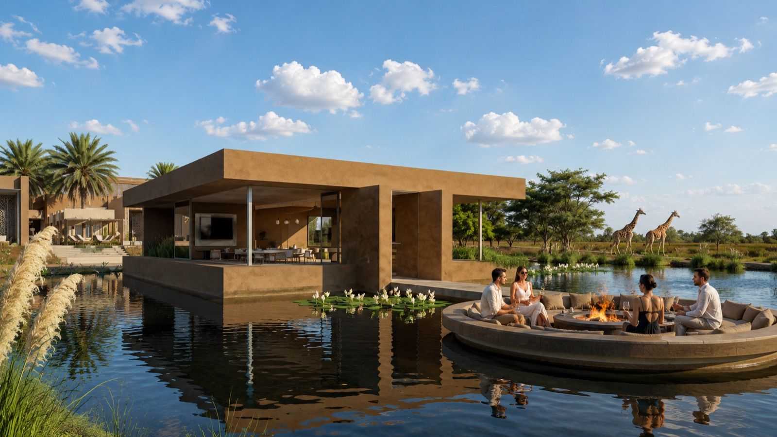 Guests in a sunken fire lounge on the water at Emberline, giraffes beyond (artist's impression)