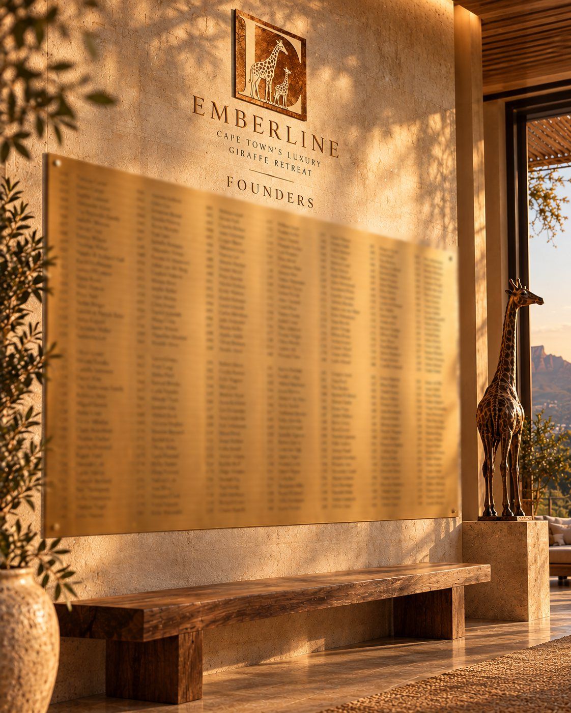 The founders' wall at Emberline at sunset, a bronze giraffe beside it (artist's impression)