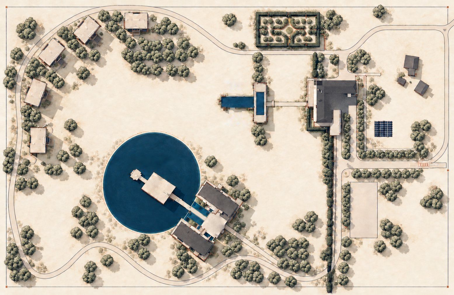 Plan of Emberline Retreat showing the arrival, the pool suites, the spa and pools, and dinner on the water (artist's impression)