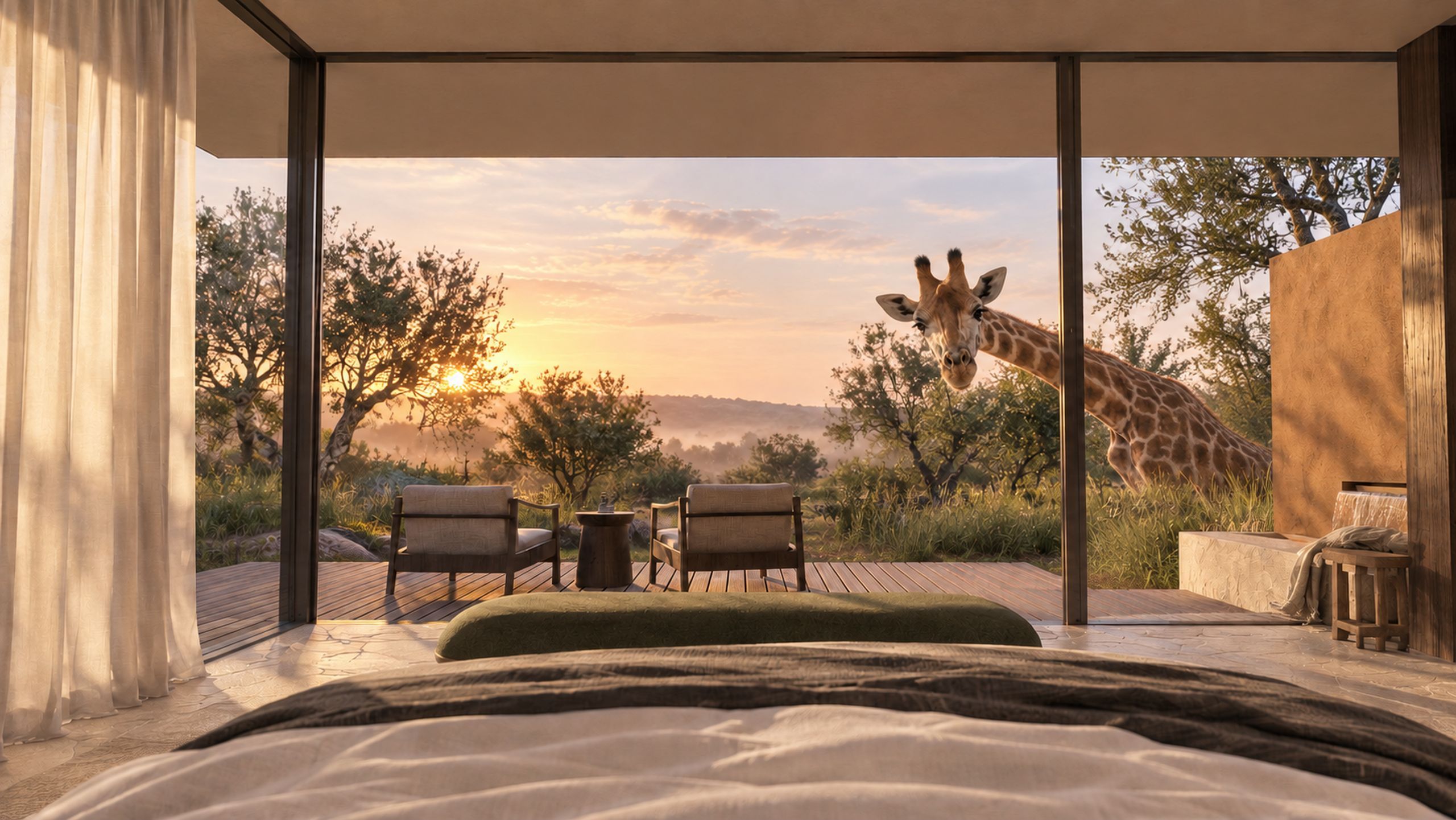 A giraffe looking into a pool suite bedroom at sunrise at Emberline Retreat near Cape Town (artist's impression)