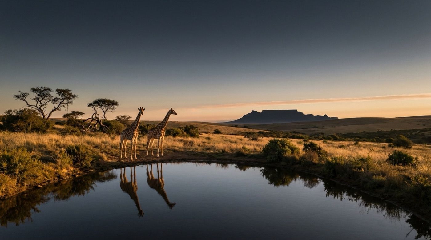 Giraffes at the watering hole, Table Mountain on the horizon
