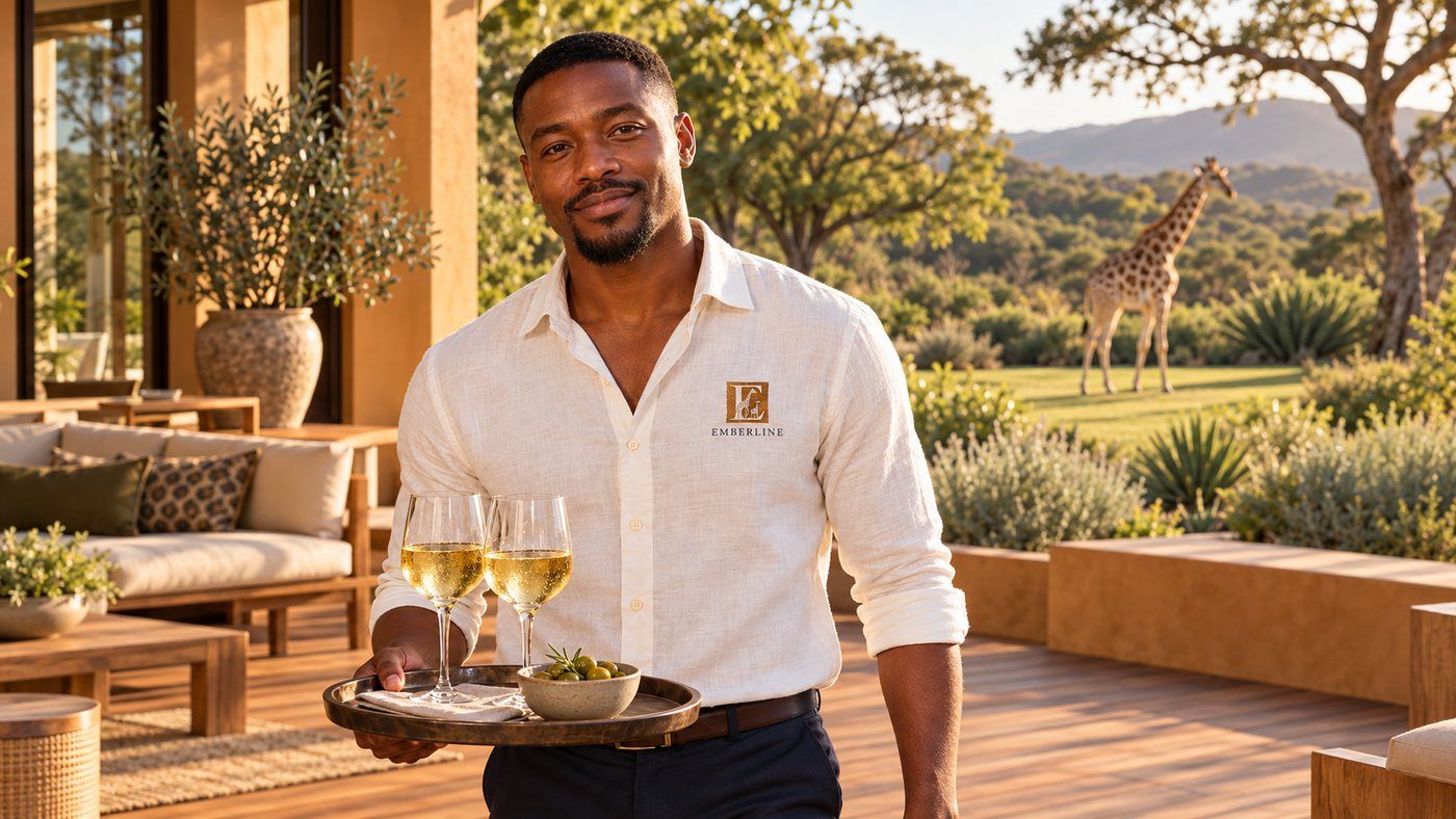 An Emberline host on the terrace with two glasses of wine, a giraffe beyond (artist's impression)