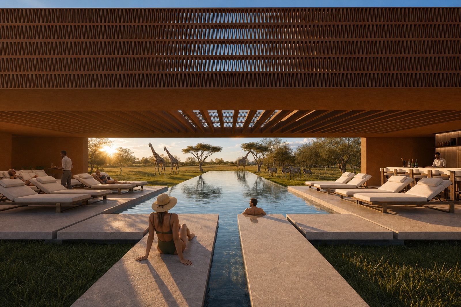 A long pool at sunset with giraffes beyond at Emberline Retreat near Cape Town (artist's impression)