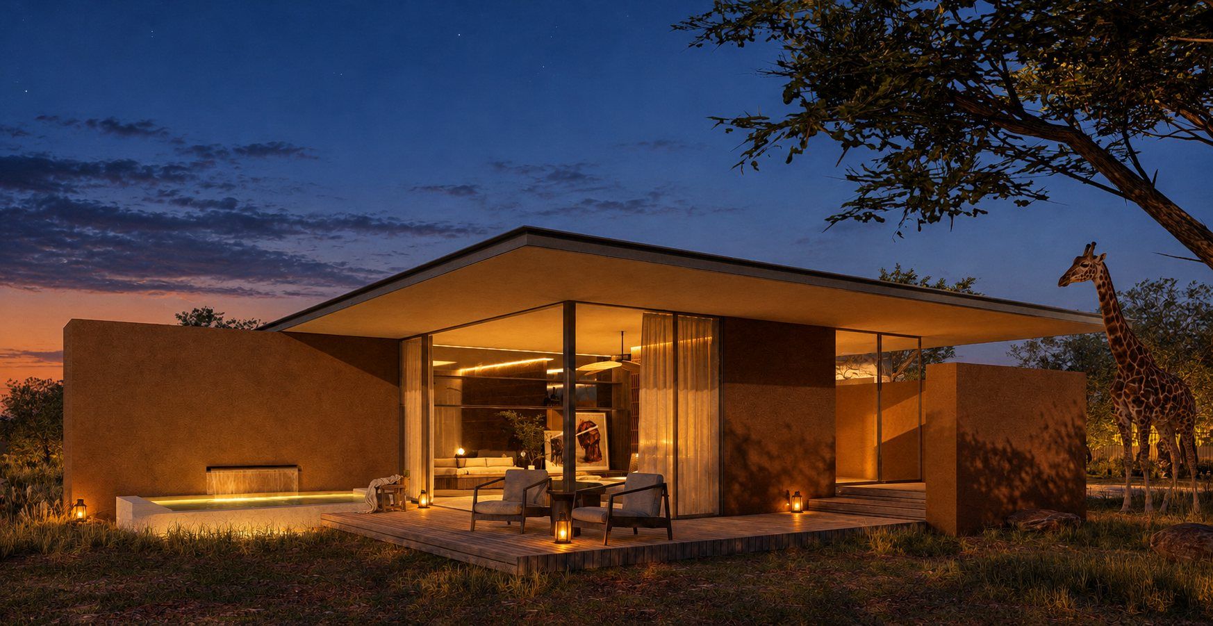 A pool suite at blue hour with a giraffe beside it (artist's impression)