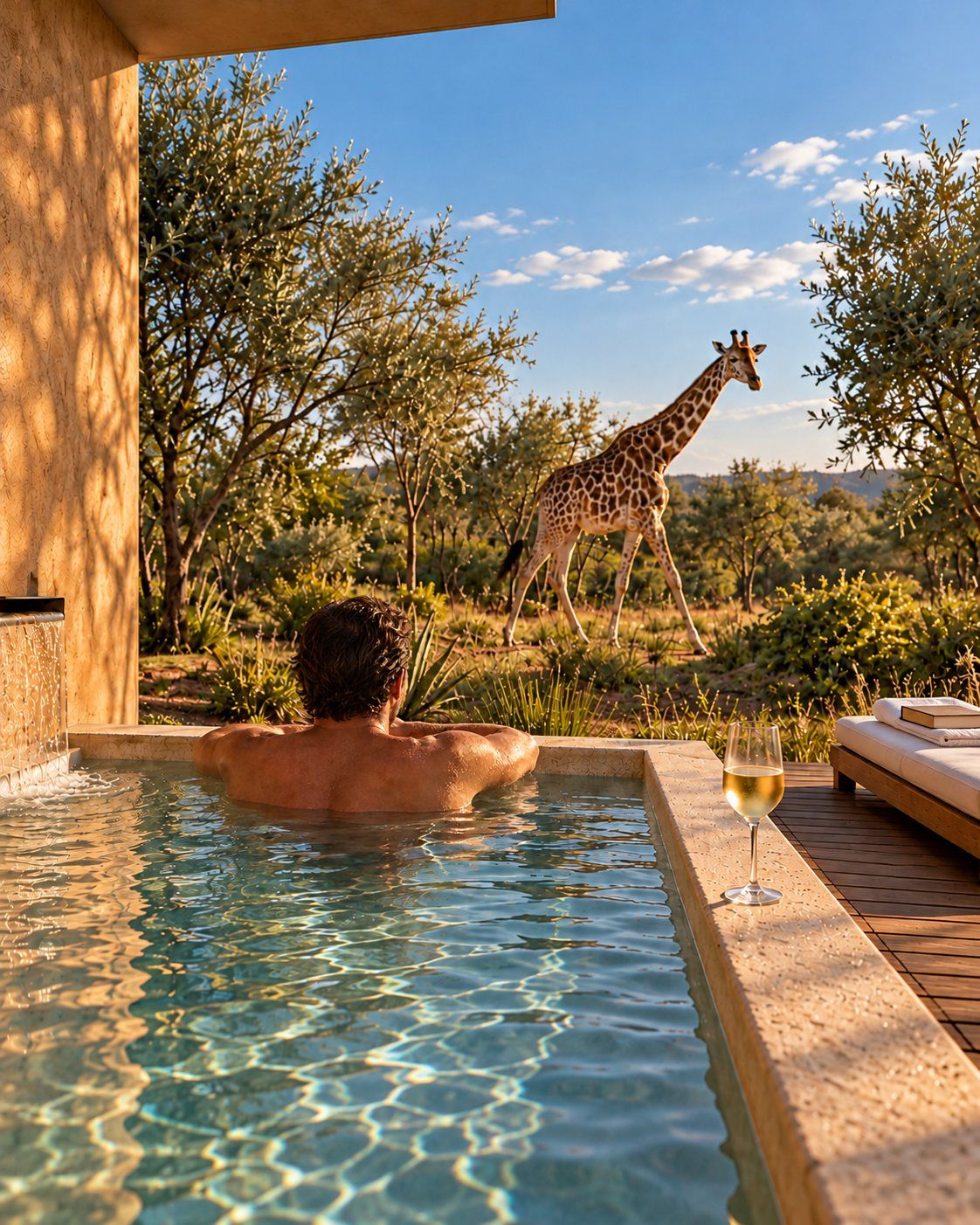 A guest in their private pool with a glass of white wine, a giraffe walking past (artist's impression)